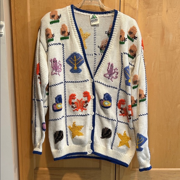 Andina (handmade in Peru) Sweaters - Vintage Cream Cardigan with Sea Motifs